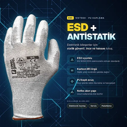 Coverguard 1EST900 ESD Antistatik Eldiven – Karbon Lifli, PU Kaplı (Eurolite EST90) - 1