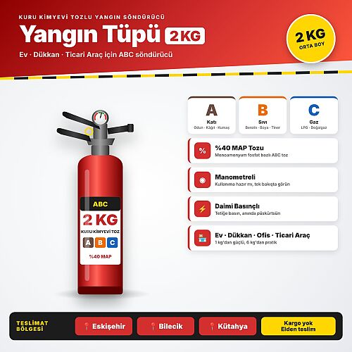 2 Kg ABC Kuru Kimyevi Tozlu Yangın Söndürme Tüpü – %40 MAP, Ev ve Dükkan Tipi - 1