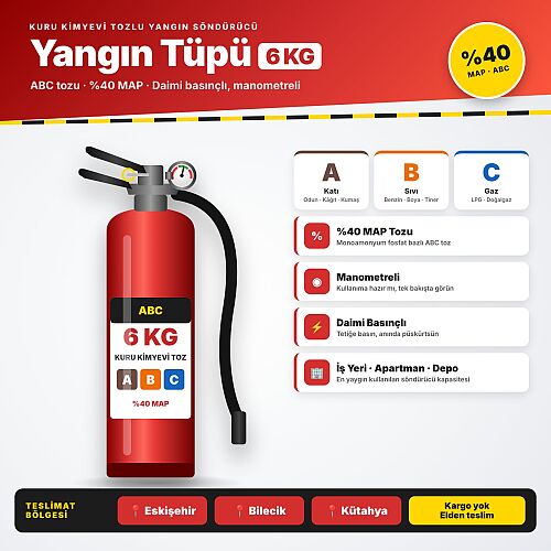 6 Kg ABC Kuru Kimyevi Tozlu Yangın Söndürme Tüpü – %40 MAP, Daimi Basınçlı - 1
