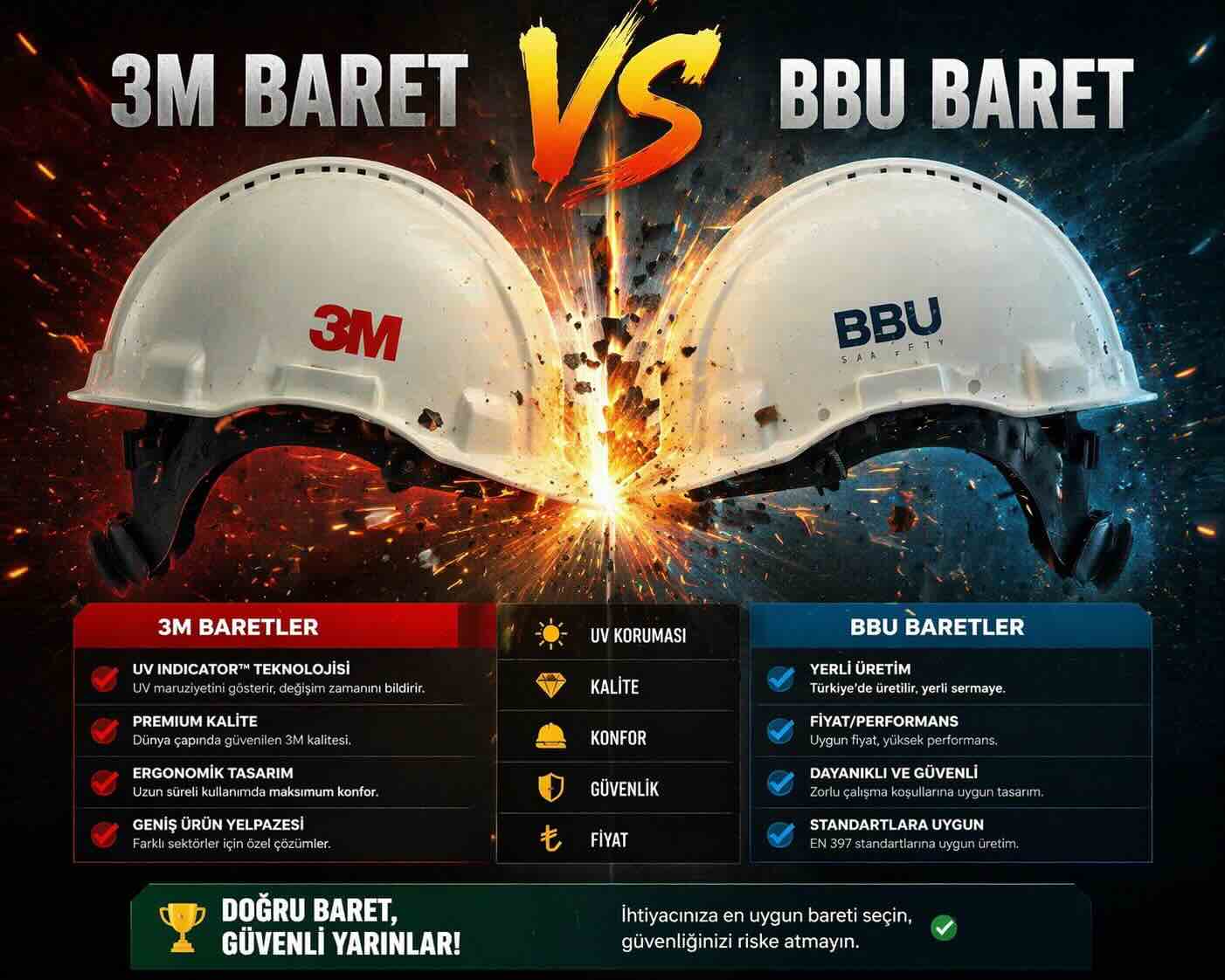 3M baret ile BBU baret karşılaştırması yerli ve ithal iş güvenliği baretleri farkı