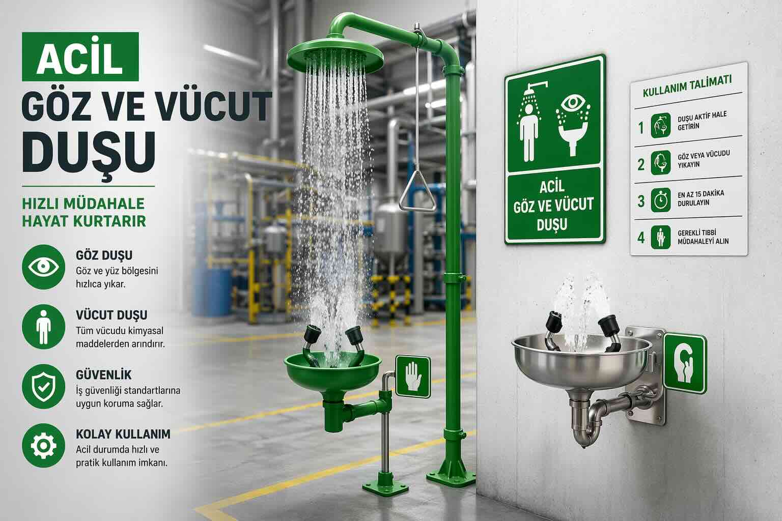 Acil göz ve vücut duşu istasyonu endüstriyel kullanım