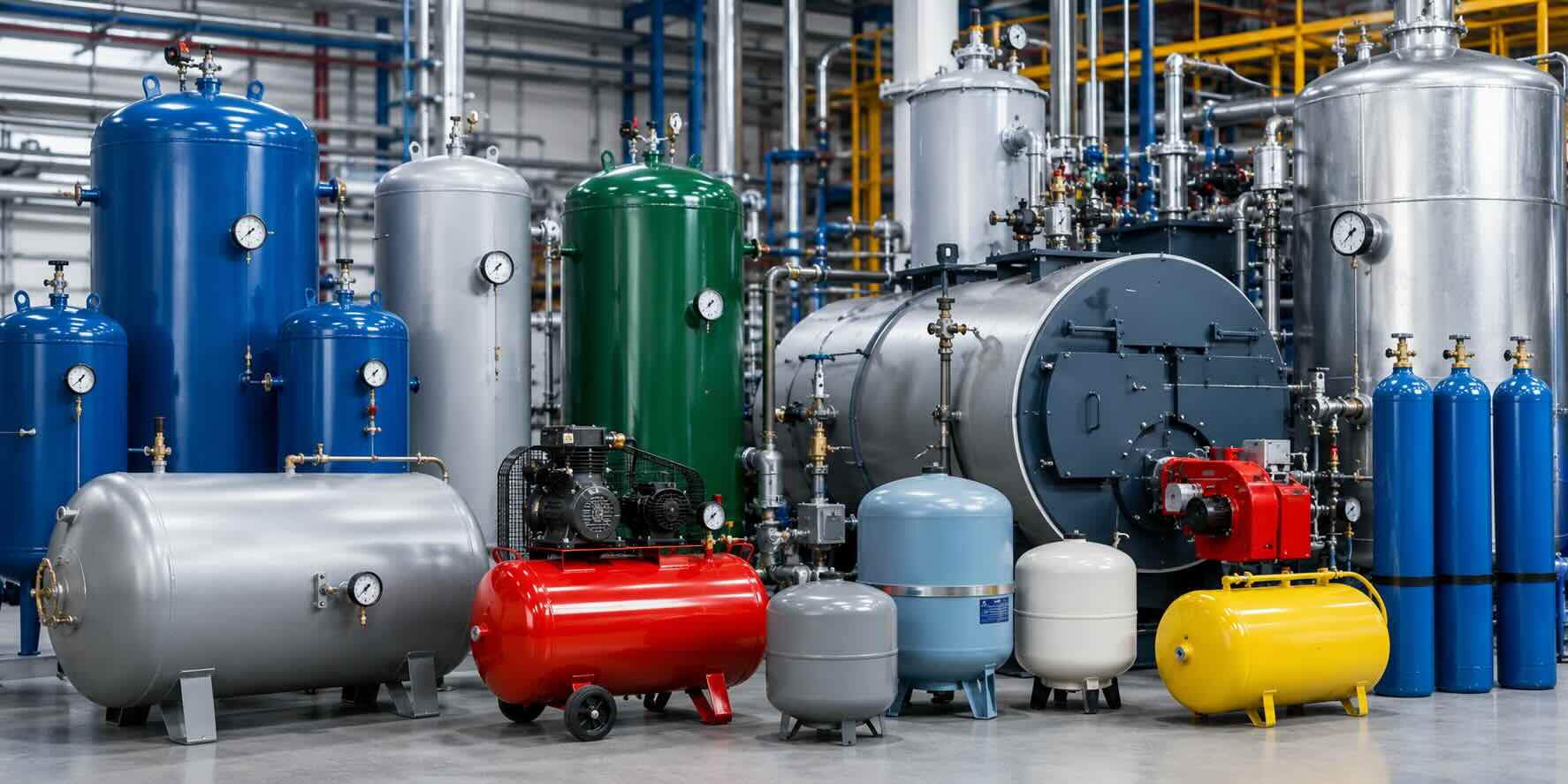 Fabrika içinde farklı basınçlı kap çeşitleri, hava tankları, buhar kazanları ve endüstriyel basınç sistemleri