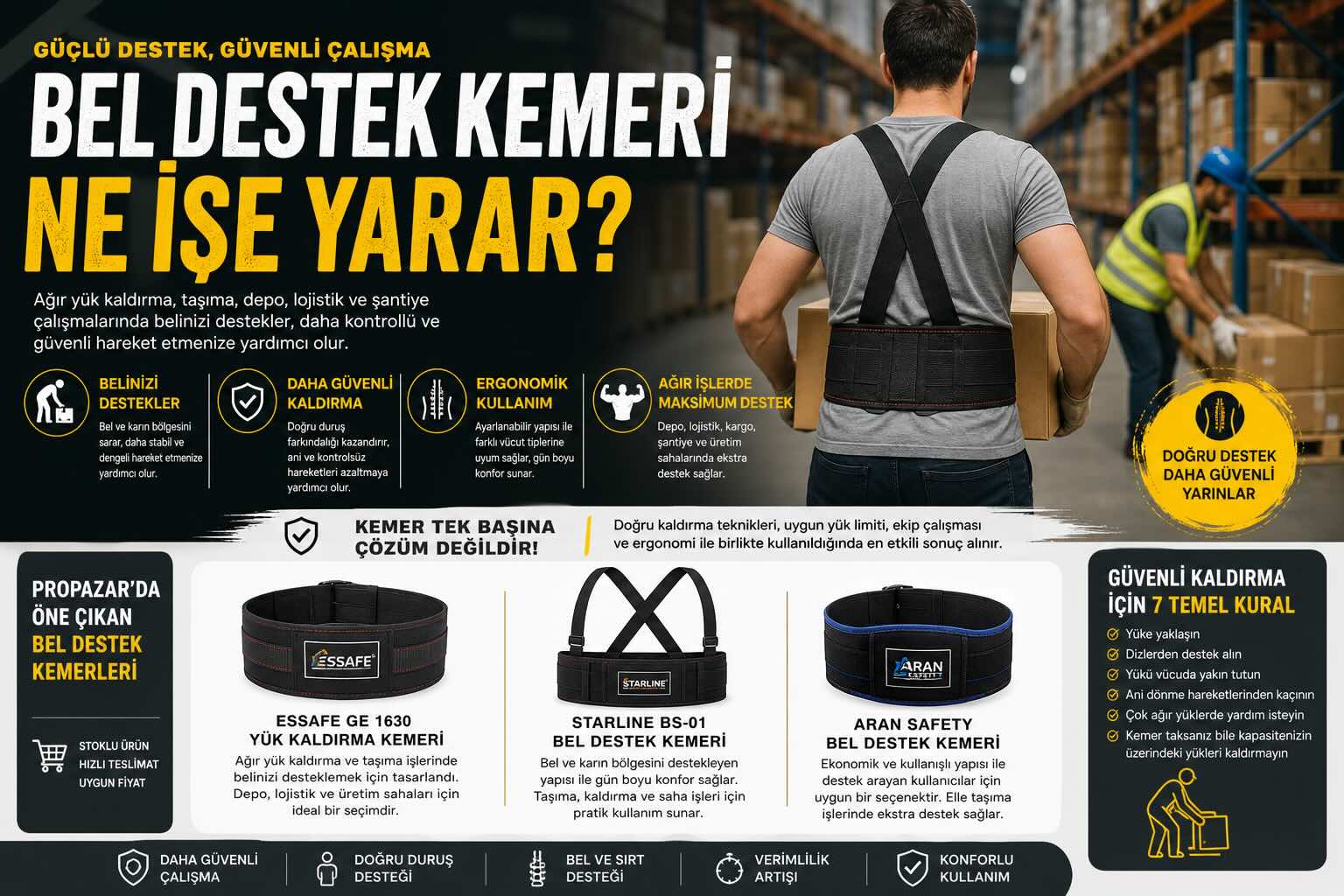 Bel destek kemeri ile depoda doğru yük kaldırma tekniği dizlerden güç alarak koli kaldıran işçi