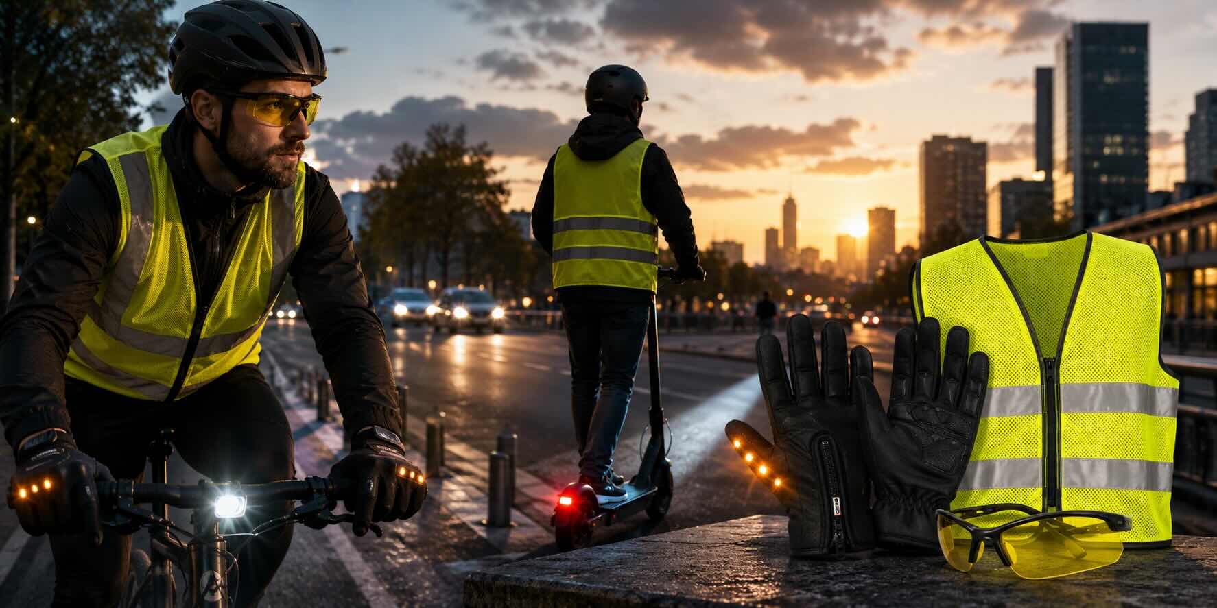 Bisiklet ve elektrikli scooter kullanıcıları için reflektörlü yelek, LED eldiven ve sarı amber gözlük ile güvenli şehir içi sürüş ekipmanları