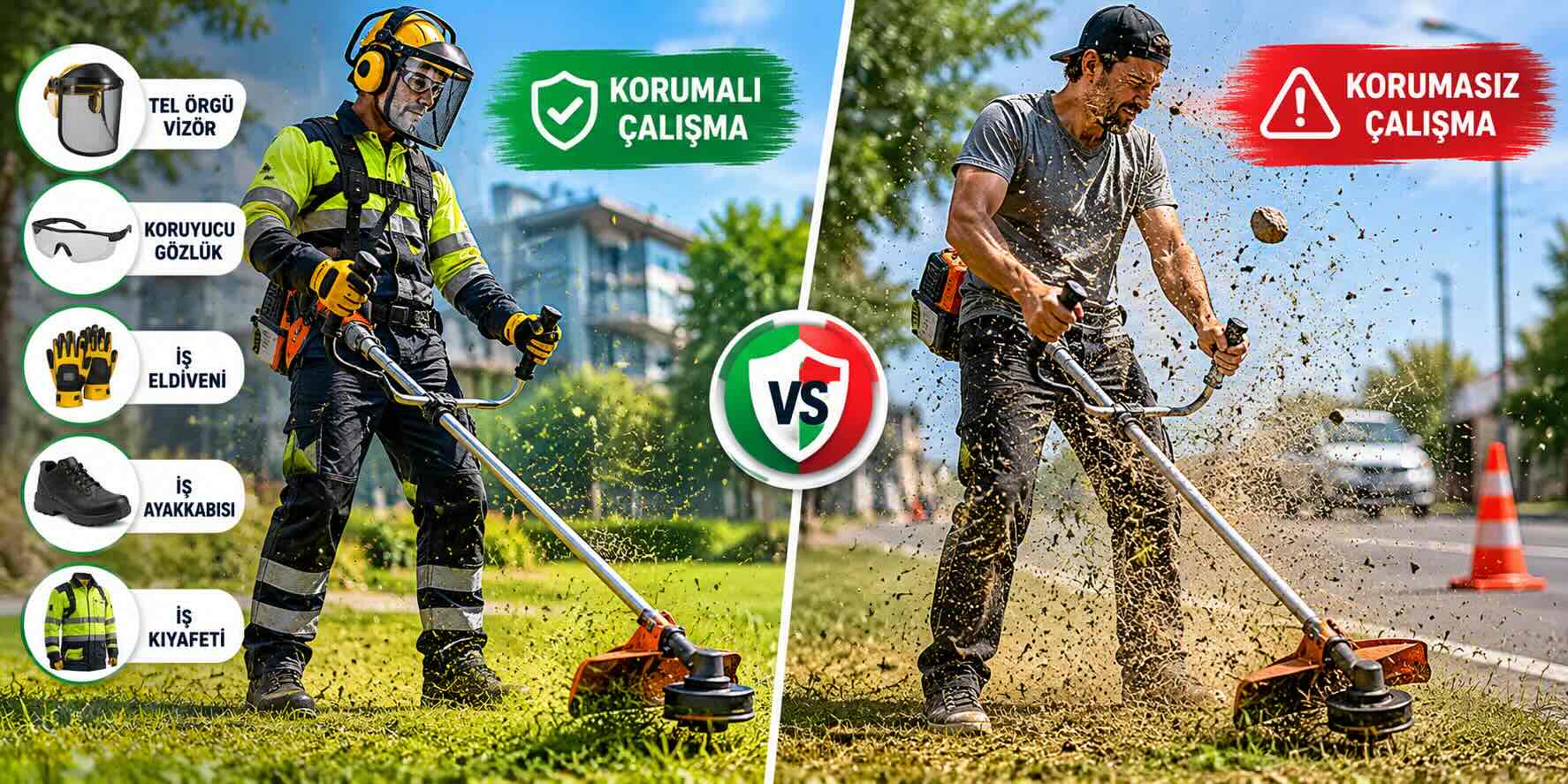 Çim biçme ve ot temizliği sırasında tel örgü vizörlü tam korumalı çalışan ile korumasız çalışan arasındaki iş güvenliği farkı
