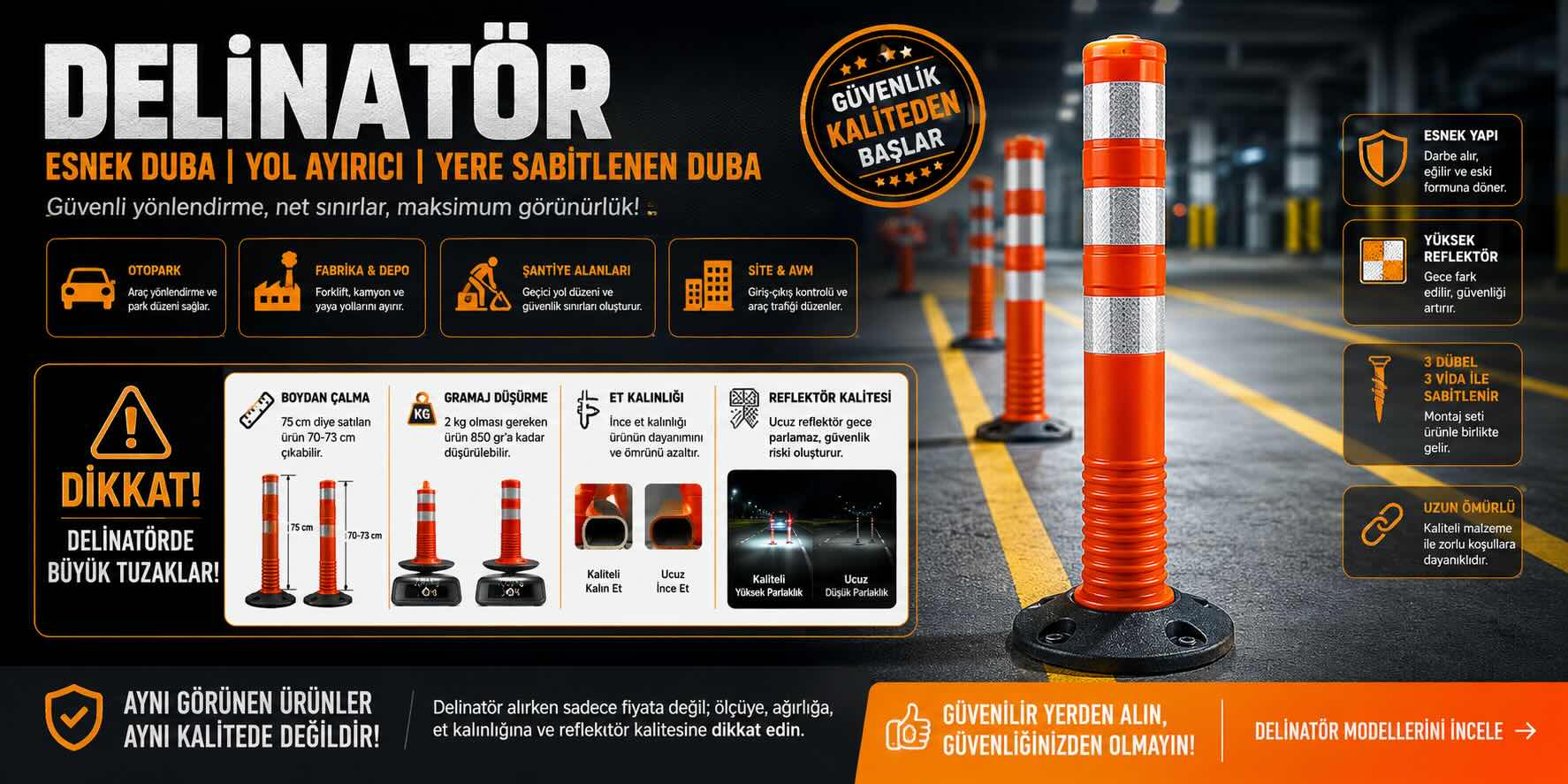 Delinatör, esnek duba ve yol ayırıcı trafik dubası kullanım alanları, reflektör kalitesi ve montaj detayları görseli