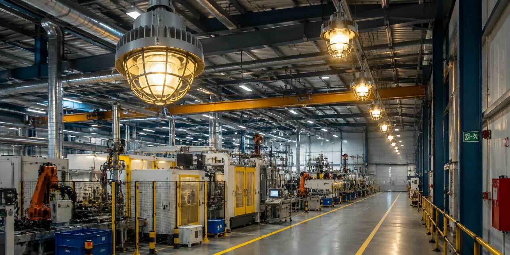 Exproof aydınlatma kullanılan modern fabrika üretim alanında patlamadan korunma ve endüstriyel güvenlik uygulaması
