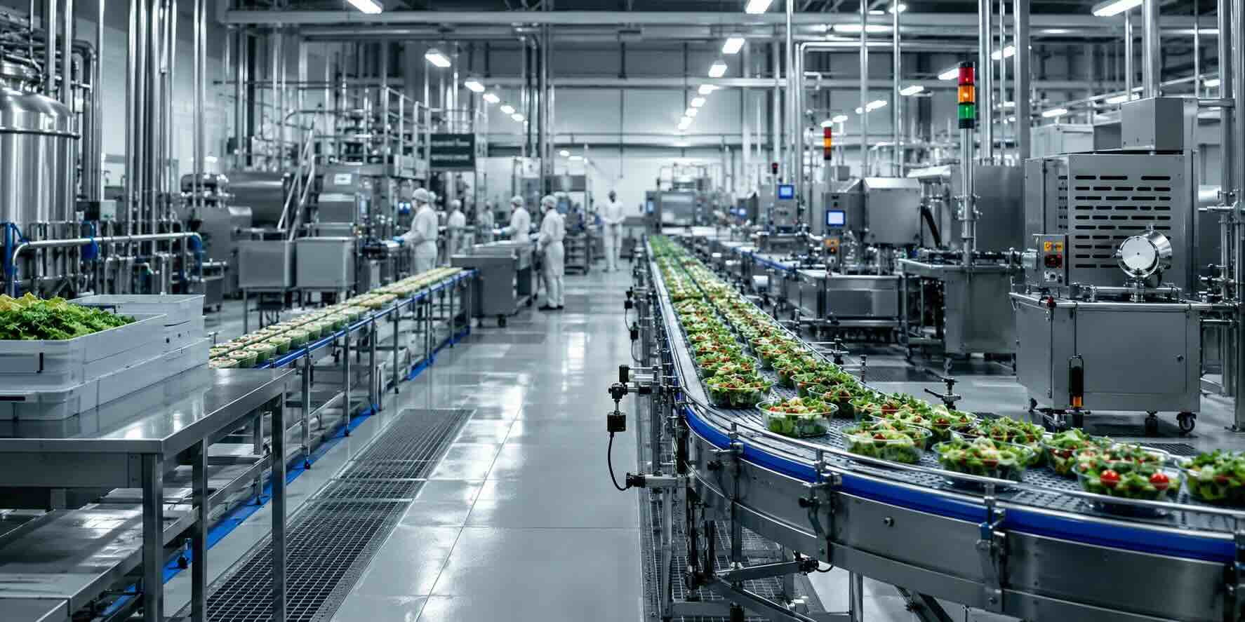 Gıda üretim tesisinde hijyenik üretim hattı ve modern fabrika içi iş güvenliği uygulamaları