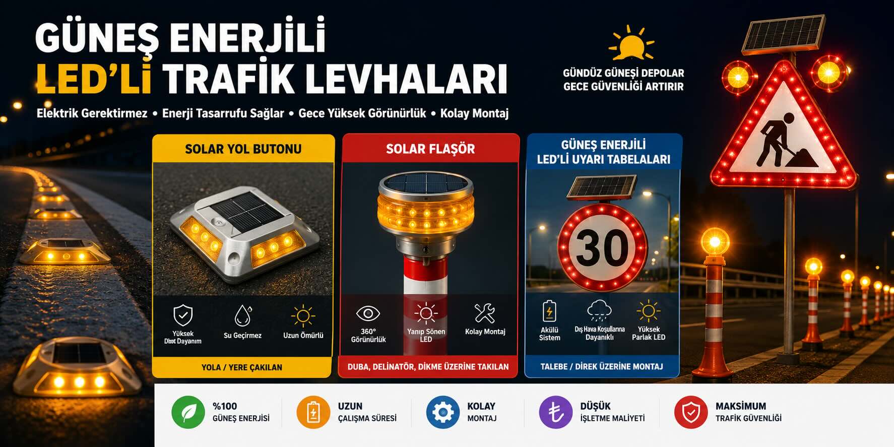 Solar yol butonu, solar flaşör ve güneş enerjili LED'li trafik levhaları ile gece görüşünü artıran trafik güvenlik sistemleri