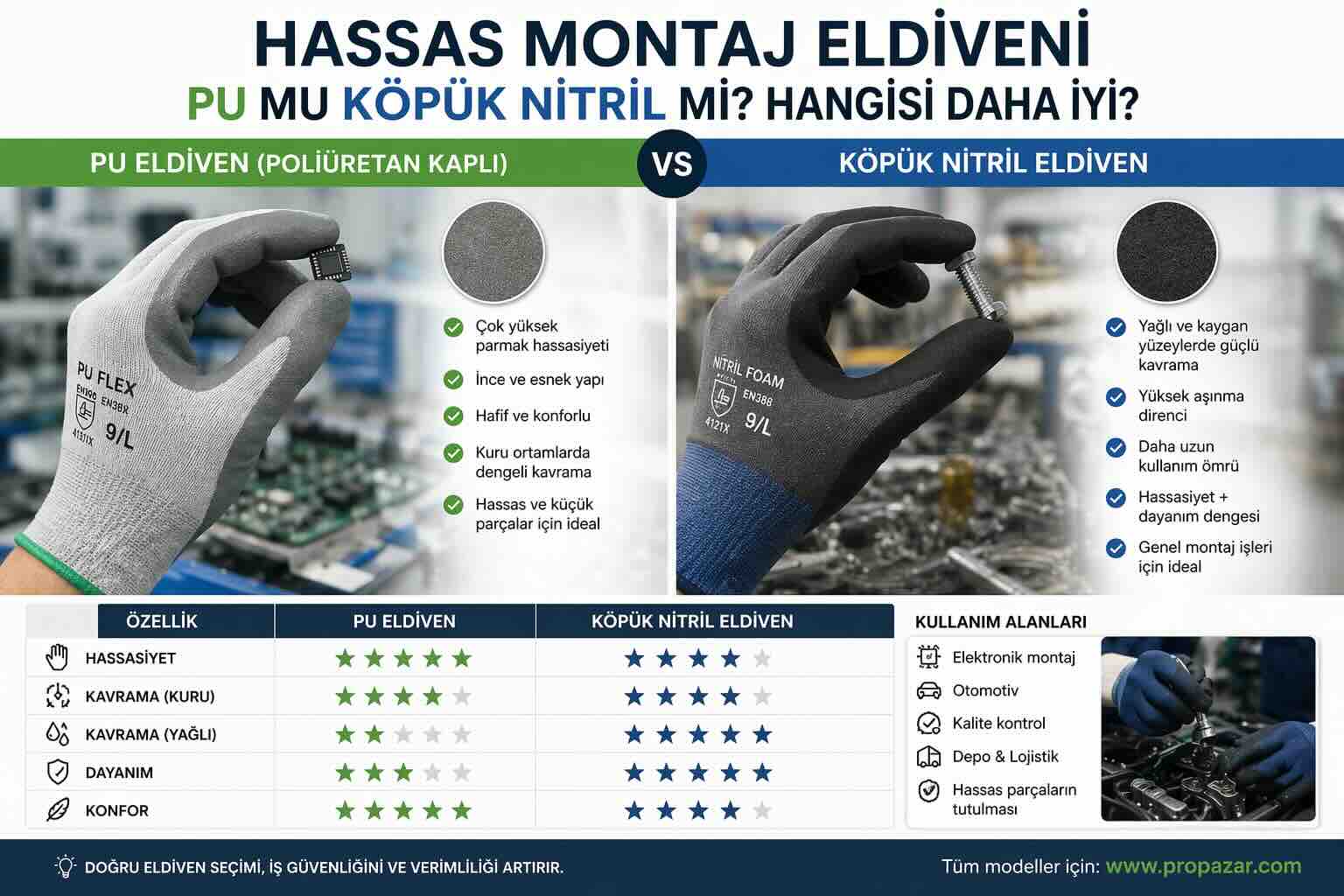hassas montaj eldiveni pu ve köpük nitril karşılaştırması