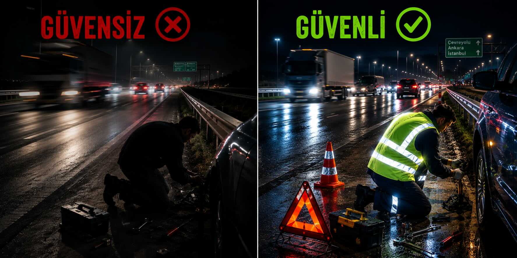 İkaz yeleği kullanımının gece yol kenarında çalışan personelin görünürlüğü ve güvenliği üzerindeki etkisini gösteren karşılaştırma görseli