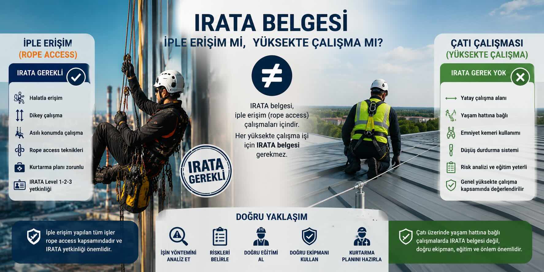 IRATA iple erişim çalışması ile çatı üzerinde yaşam hattına bağlı yüksekte çalışma arasındaki farkı gösteren profesyonel iş güvenliği görseli