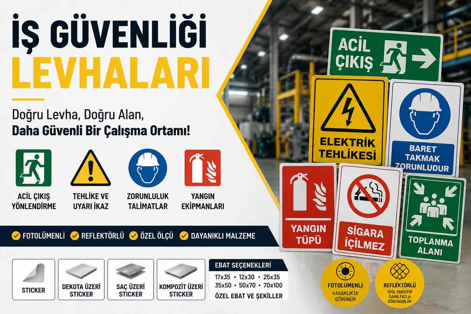 Fotolümenli ve reflektörlü iş güvenliği levhaları, acil çıkış, elektrik tehlikesi, baret zorunluluğu ve yangın uyarı levhaları