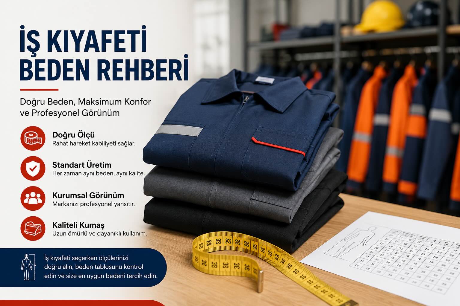 İş kıyafeti beden rehberi, iş pantolonu ölçüleri ve kurumsal iş kıyafeti beden seçimi görseli