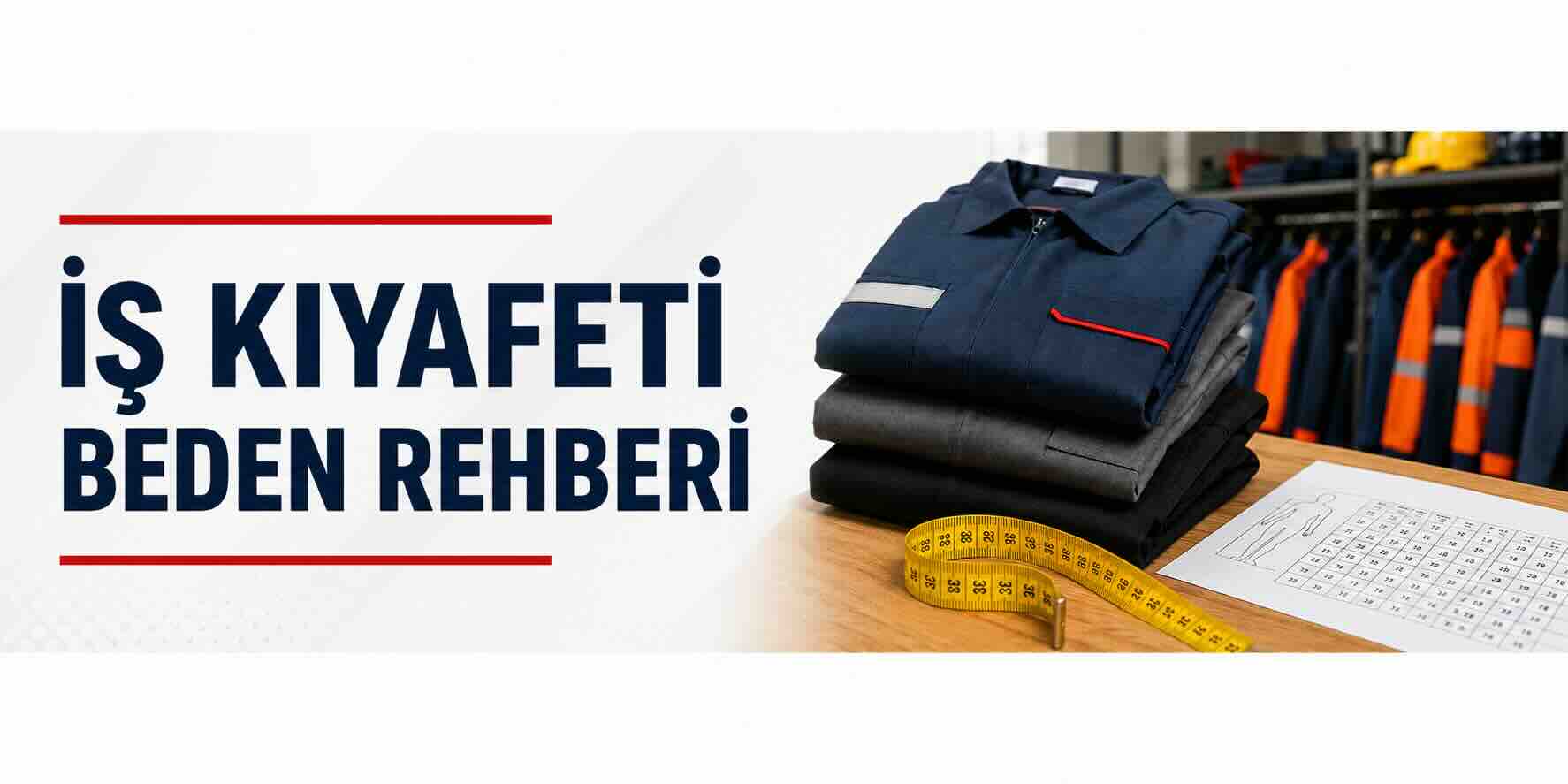 İş kıyafeti beden rehberi banner görseli, iş pantolonu ölçüleri ve kurumsal iş kıyafeti beden seçimi rehberi