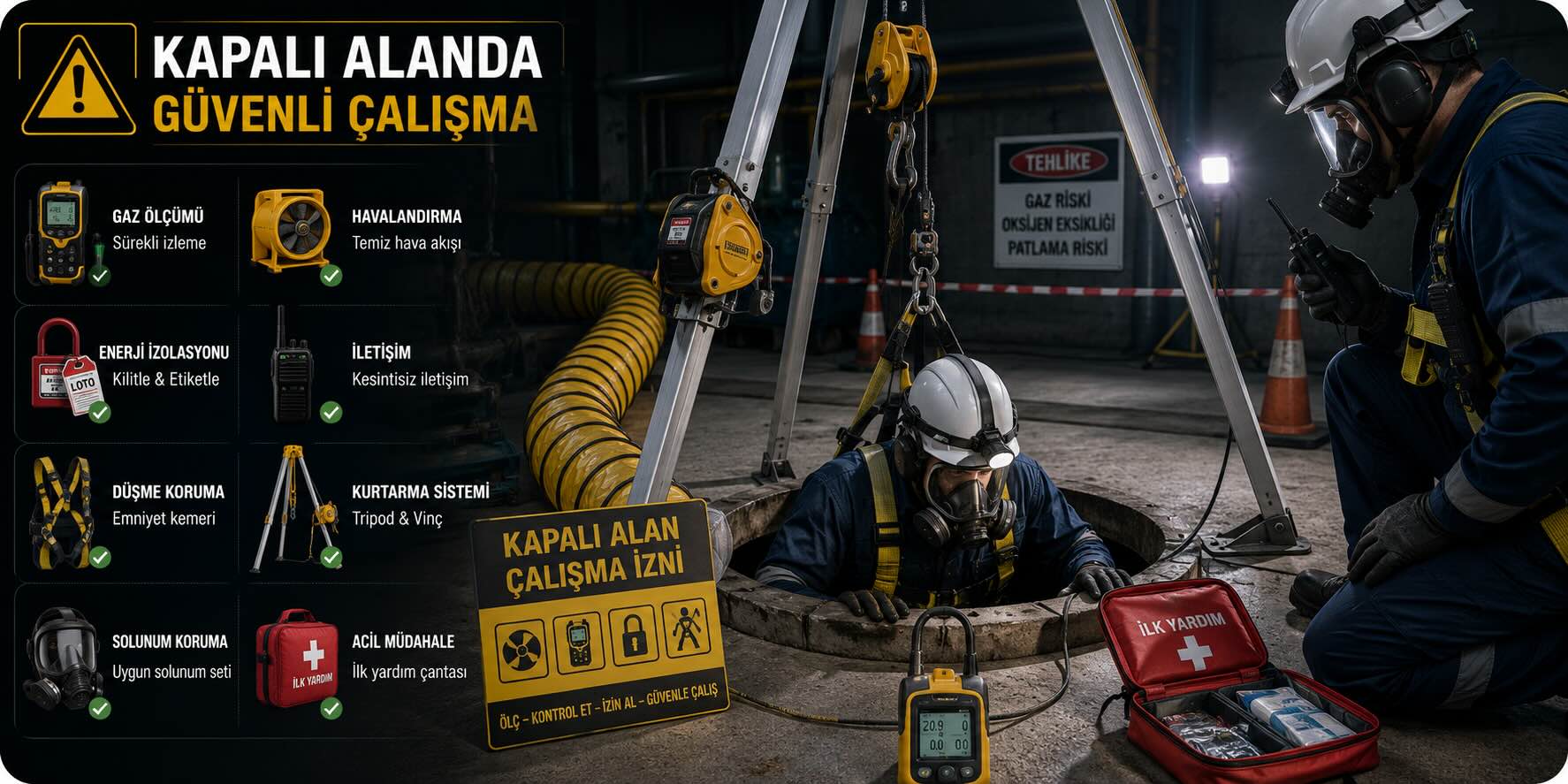 Kapalı alanda güvenli çalışma için gaz ölçüm cihazı, tripod kurtarma sistemi, havalandırma, solunum koruma ve ilk yardım ekipmanları