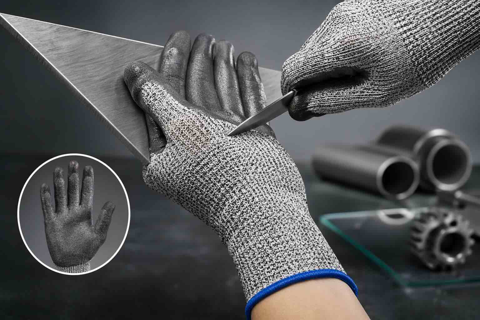 Kesilmez eldiven ile metal keskin yüzey üzerinde yapılan kesilme direnci testi, EN388 standartlı kesilmeye dayanıklı iş eldiveni