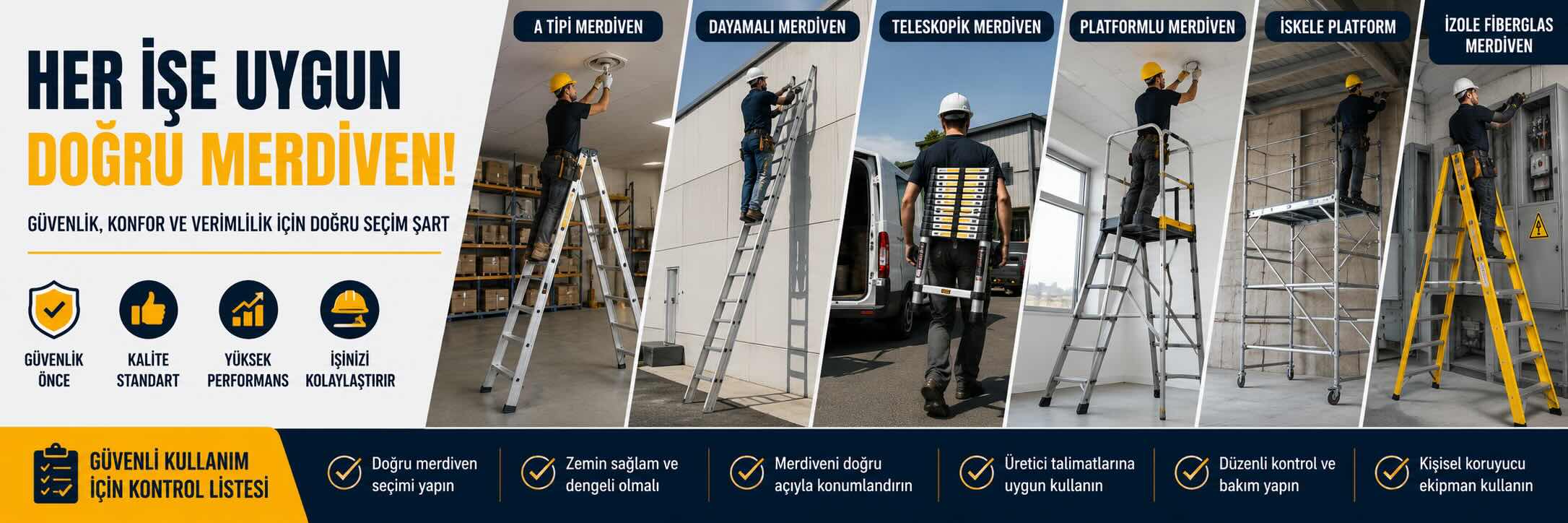 A tipi, platformlu, teleskopik ve izole fiberglas merdiven çeşitlerinin iş güvenliği kullanım alanlarını gösteren profesyonel çalışma görseli