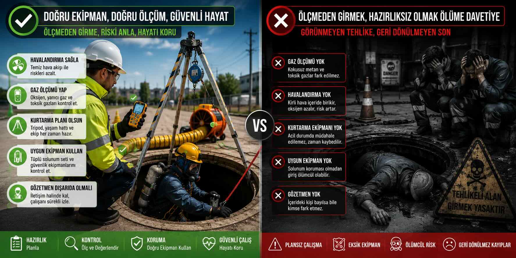 Kapalı alanda metan gazı riskine karşı gaz ölçüm cihazı ve tüplü solunum seti ile güvenli çalışma ile ölümcül iş kazası riskini karşılaştıran görsel