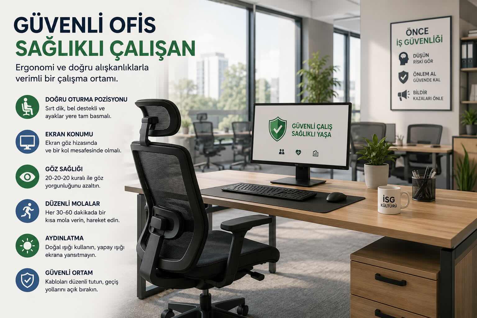 Ergonomik çalışma düzenine sahip modern ofis ortamında iş güvenliği ve sağlıklı çalışma alışkanlıkları