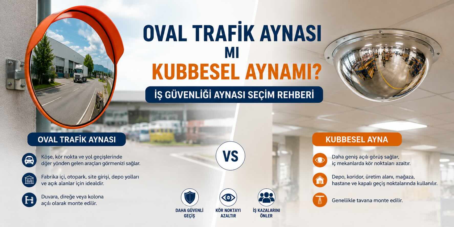 Oval trafik güvenlik aynası ve kubbesel güvenlik aynası arasındaki farkları gösteren iş güvenliği aynası görseli