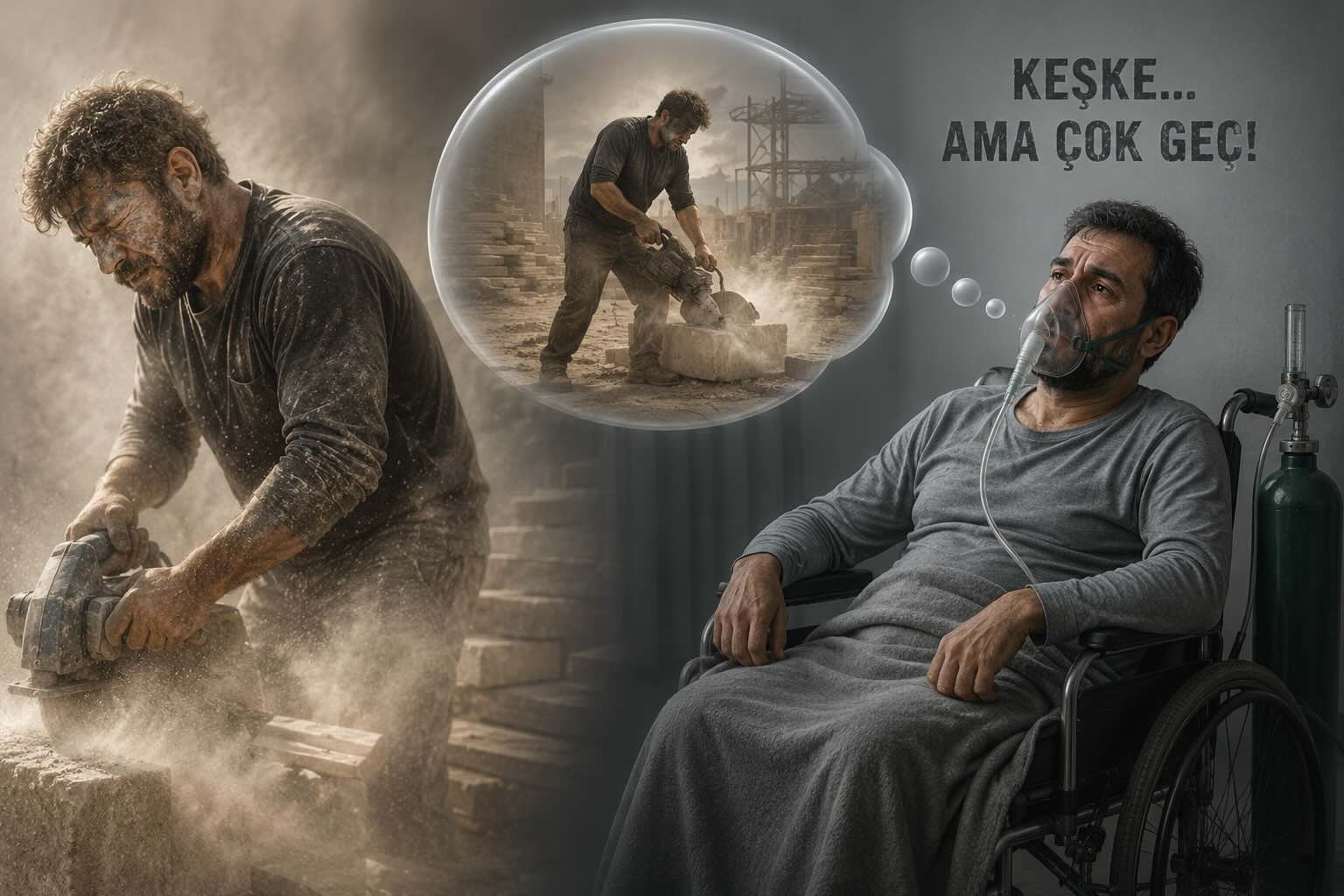 Silikozis nedeniyle solunum cihazına bağlı hasta işçi ve geçmişte korumasız silika tozu ortamında çalışma sahnesi
