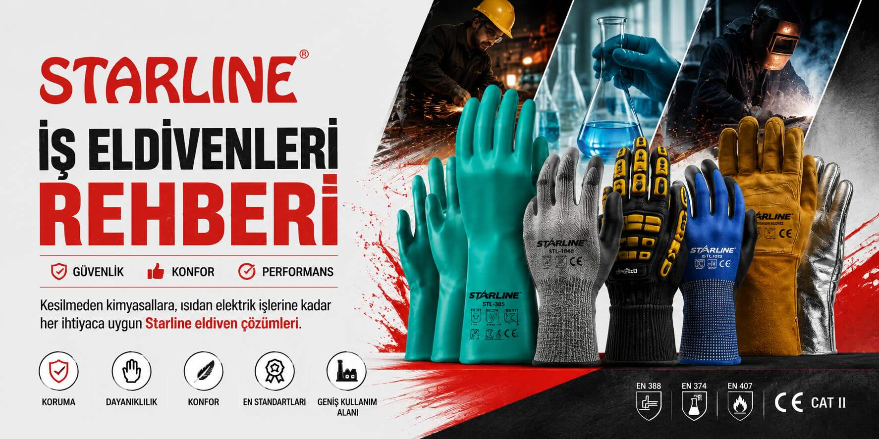 Starline iş eldivenleri; kesilmez, kimyasal, nitril, darbeye dayanıklı, elektrikçi ve ısıya dayanıklı modelleriyle farklı sektörlerin el koruma ihtiyaçlarına profesyonel çözümler sunar.
