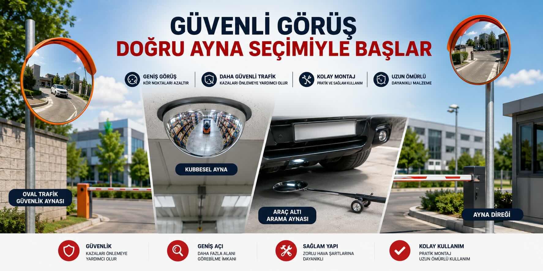 Oval trafik güvenlik aynası, kubbesel ayna, araç altı arama aynası ve ayna direği ile otopark, fabrika ve depo alanlarında güvenli görüş sağlayan trafik güvenlik ekipmanları