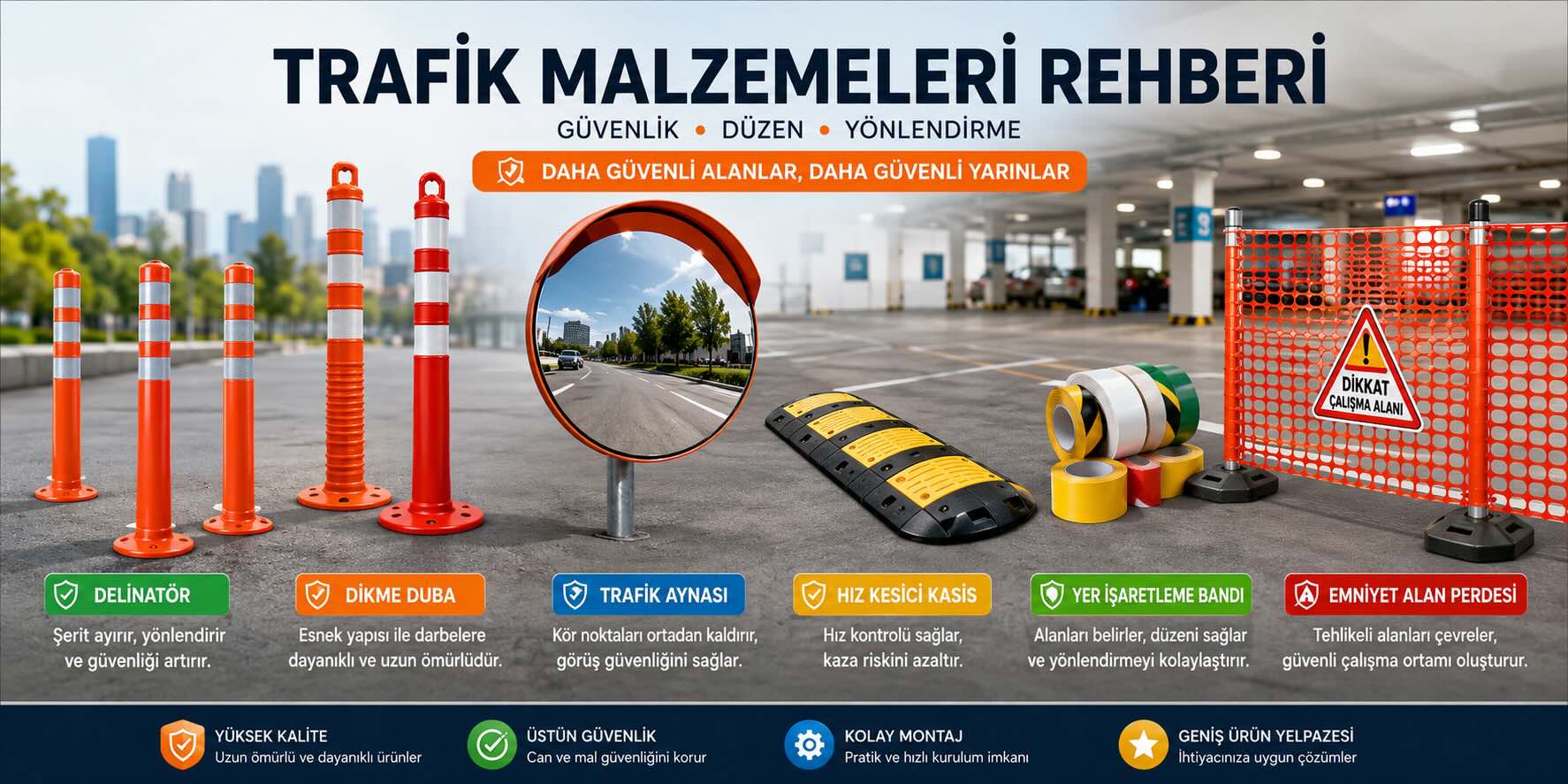 Trafik malzemeleri rehberi görseli; delinatör, dikme duba, trafik aynası, hız kesici kasis, yer işaretleme bandı ve emniyet alan perdesi uygulamaları