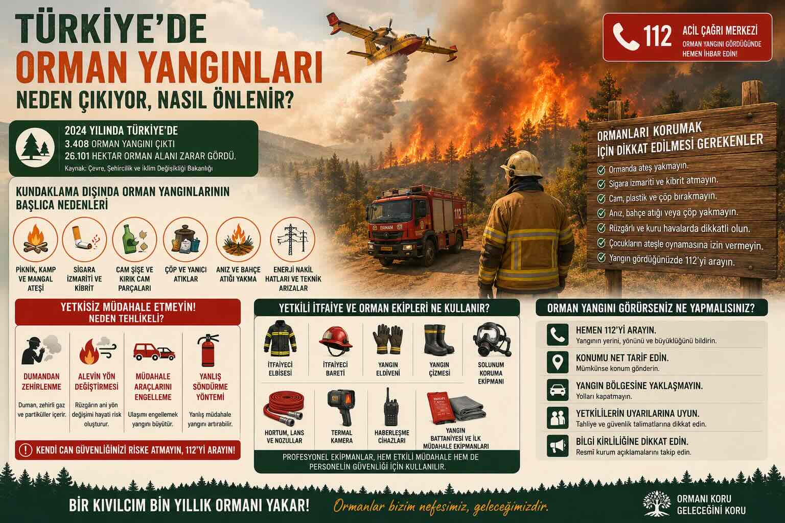 Türkiye’de orman yangınlarının nedenleri, korunma yolları, 112 ihbar süreci ve profesyonel itfaiye ekipmanlarını gösteren bilgilendirici görsel