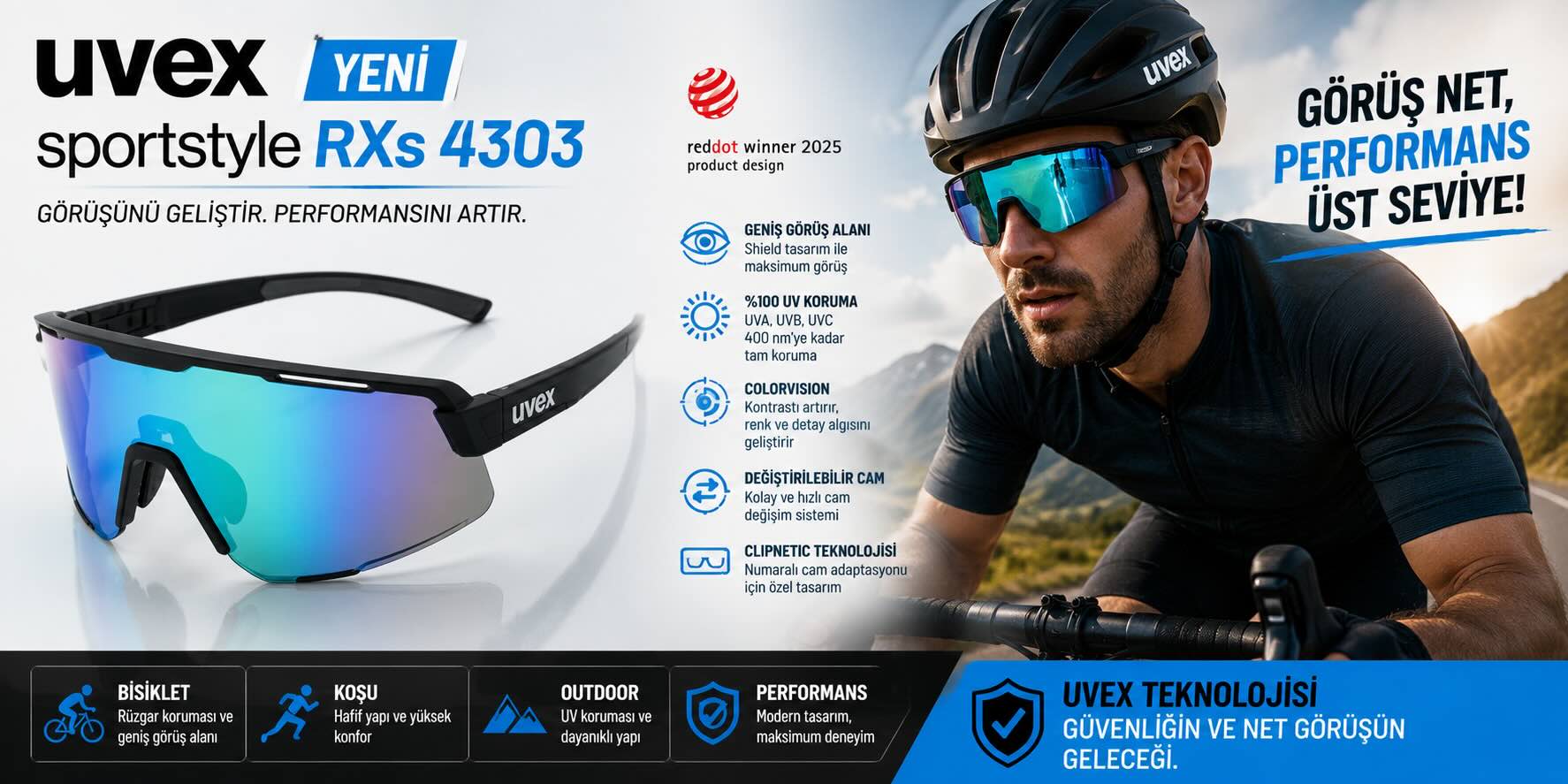 Uvex Sportstyle RXs 4303 spor gözlüğü; colorvision lens teknolojisi, geniş görüş alanı, UV koruması ve performans odaklı modern shield tasarımını gösteren görsel