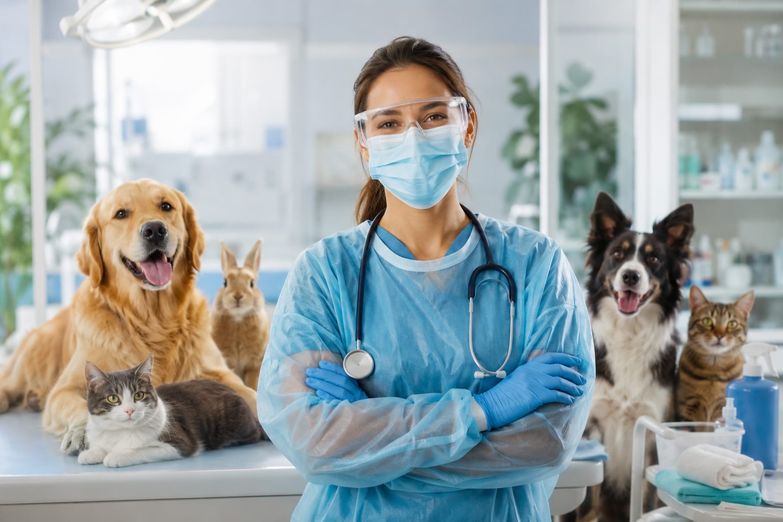 Veteriner kliniğinde koruyucu ekipman kullanan mutlu veteriner ve sağlıklı hayvanlar