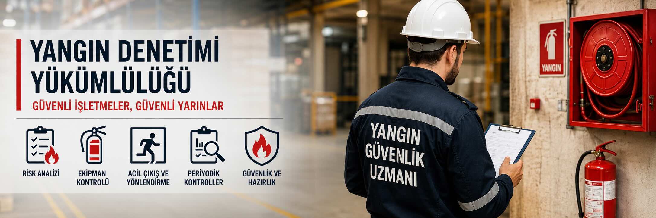 Yangın güvenlik uzmanının işletmede yangın denetimi ve risk kontrolü yaptığı profesyonel yangın güvenliği görseli
