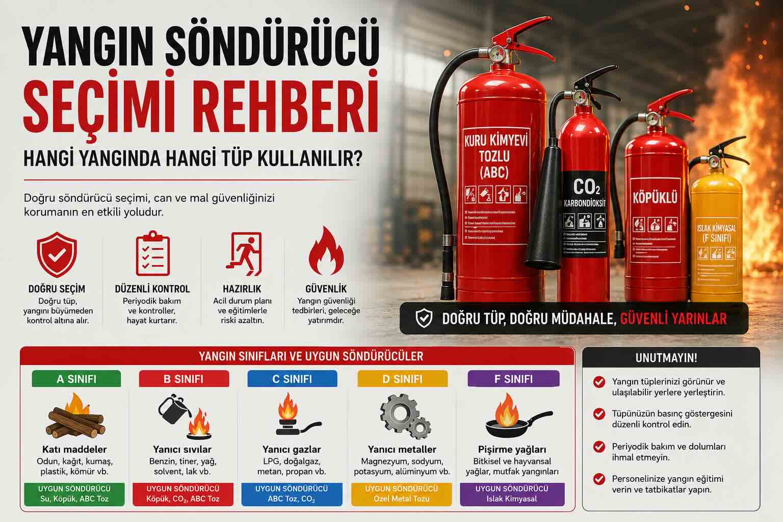 Yangın söndürücü seçimi rehberi, ABC kuru kimyevi tozlu, CO2, köpüklü ve F sınıfı yangın tüpleri kullanım alanları