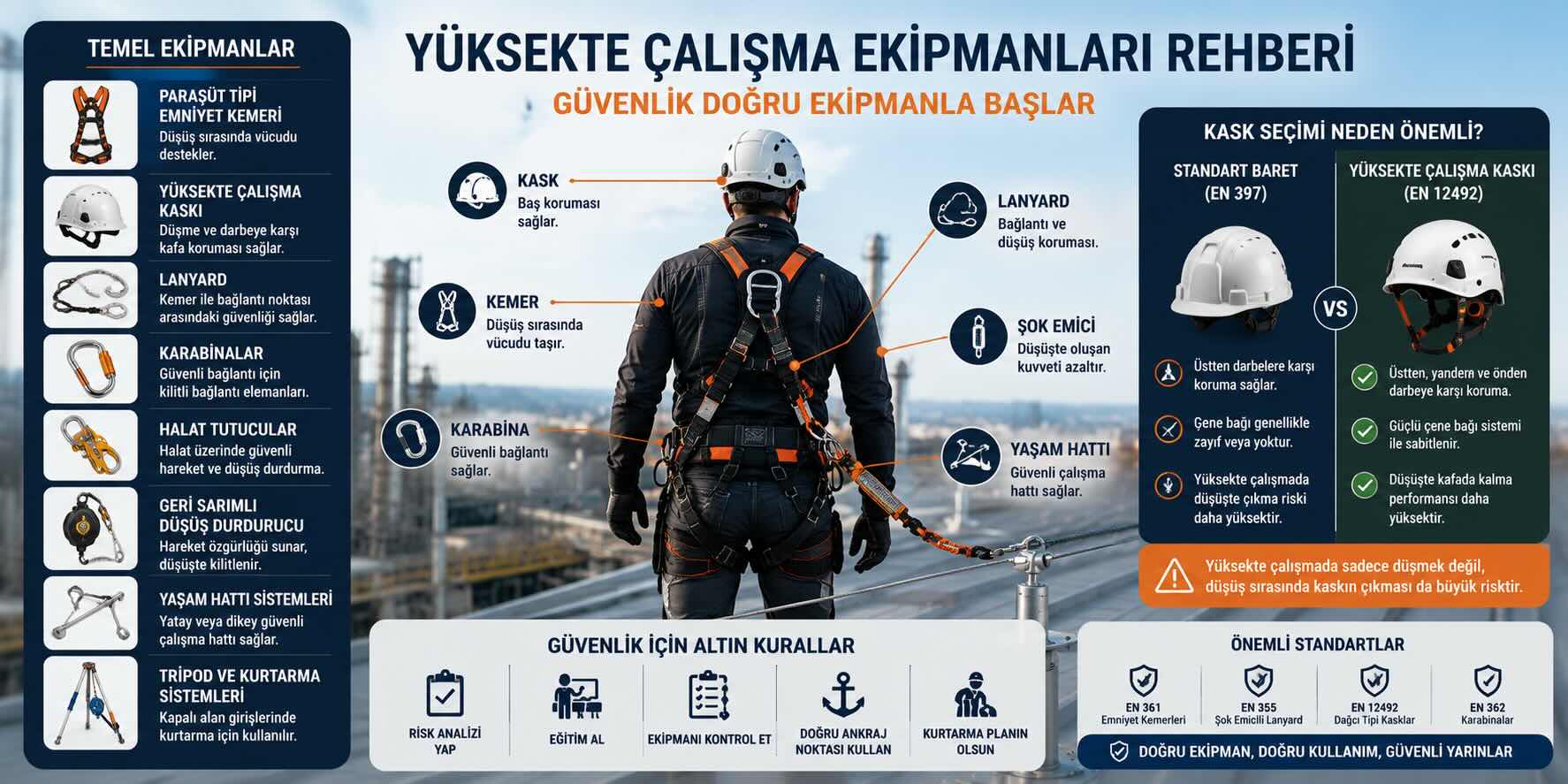 Yüksekte çalışma ekipmanları rehberi görseli; emniyet kemeri, yüksekte çalışma kaskı, lanyard, karabina, yaşam hattı ve düşüş önleme sistemleri kullanan profesyonel çalışan