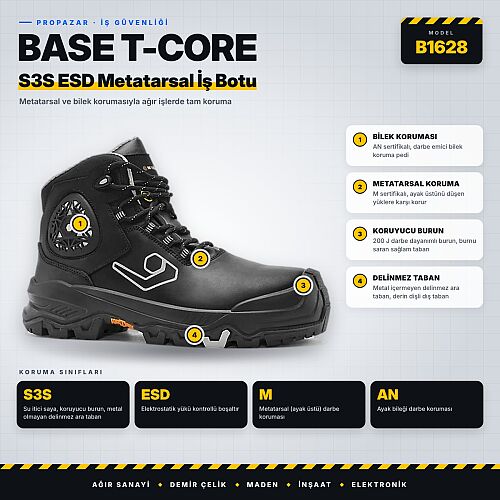 Base B1628 T-Core S3S ESD Metatarsal ve Bilek Korumalı İş Botu - 1