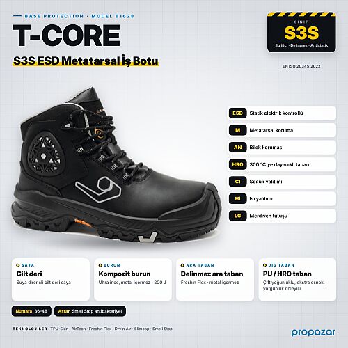 Base B1628 T-Core S3S ESD Metatarsal ve Bilek Korumalı İş Botu - 2