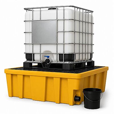 BBU SAFETY SCN500 IBC Sızıntı Paleti 130x130x50 cm – 500 Litre – 2000 Kg Taşıma Kapasiteli – Boşaltma Kovalı Kimyasal Döküntü Paleti - 1