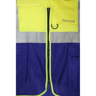 Bestvest BV 1003 Reflektörlü Cırtlı Mühendis Tip Cepli Fermuarlı İkaz Yeleği Neon Sarı Lacivert - 3