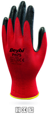 ​​​​​​​Beybi PN75 Polyester Astarlı Kırmızı Nitril İş Eldiveni - 1