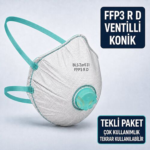 BLS Zer031 FFP3 R Tekli Paket Ventilli Konik Toz Maskesi - Tekrar Kullanılabilir - 1