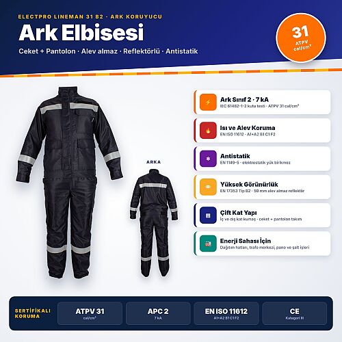 Electpro Lineman 31 B2 Elektrik Ark Elbisesi Ceket ve Pantolon – ATPV 31 cal/cm², Sınıf 2, Gri Reflektifli (13513124) - 1