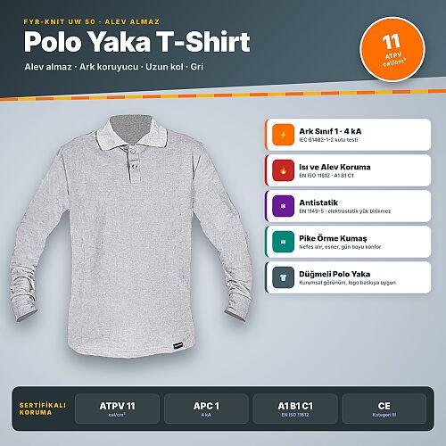 Fyr-Knit UW 50 Polo Yaka Uzun Kollu Alev Almaz T-Shirt Gri – Ark Koruyucu, ATPV 11 cal/cm², Antistatik - 1