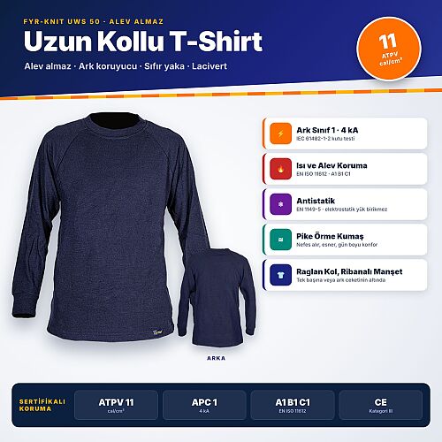 Fyr-Knit UWS 50 Sıfır Yaka Alev Almaz T-Shirt Lacivert – Ark Koruyucu, ATPV 11 cal/cm², Antistatik - 1