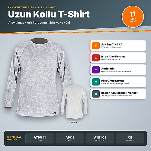 Fyr-Knit UWS 50 Sıfır Yaka Uzun Kollu Alev Almaz T-Shirt Gri – Ark Koruyucu, ATPV 11 cal/cm², Antistatik - 1