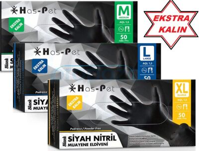 Has-Pet Siyah Kalın Nitril Pudrasız Muayene Eldiveni 50li Paket - 1