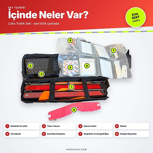 Lüks Trafik Seti EVA Sert Çantalı (2 Reflektör, Takoz, Çekme Halatı, İlk Yardım, Boyunluk) - 1