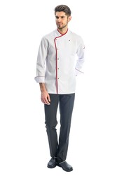MyForm 7105 Profesyonel Mono Aşçı Ceketi Beyaz Kırmızı - Myform İş Kıyafetleri