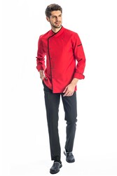 MyForm 7105 Profesyonel Mono Aşçı Kırmızı Siyah - Myform İş Kıyafetleri