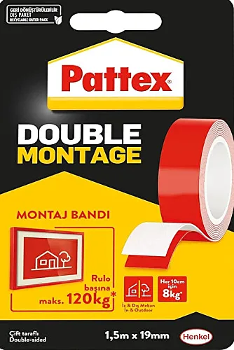 Pattex Montaj Bandı Çift Taraflı 1,5 m x 19 mm 120 kg Taşıma - 1